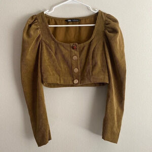 Zara Corduroy Puff Sleeve Cropped Button Down Jacket Top​​​​​​​​​​